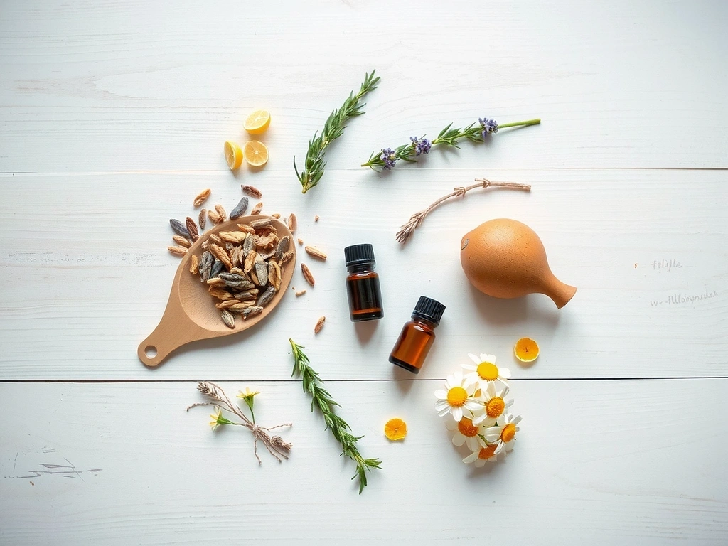 A minimalist arrangement of various natural ingredients like dried herbs, essential oils in bottles, and fresh botanicals on a clean wooden surface, symbolizing purity and efficacy.