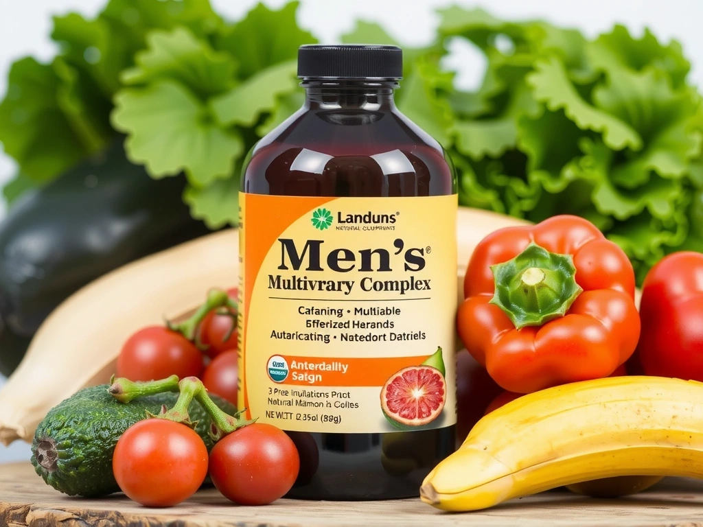Bottle of Men's Multivitamin Complex, with vibrant fruit and vegetable background.