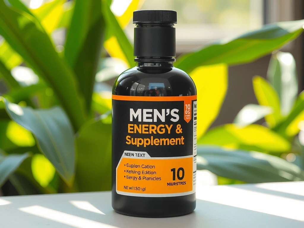 Bottle of Men's Energy & Endurance Supplement, sleek design, natural background.
