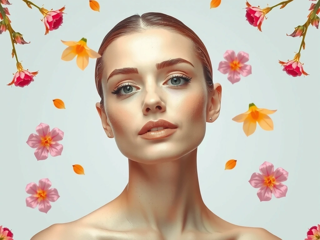 Elegant image of a woman with radiant skin, surrounded by delicate floral elements, representing natural skincare and beauty creams.