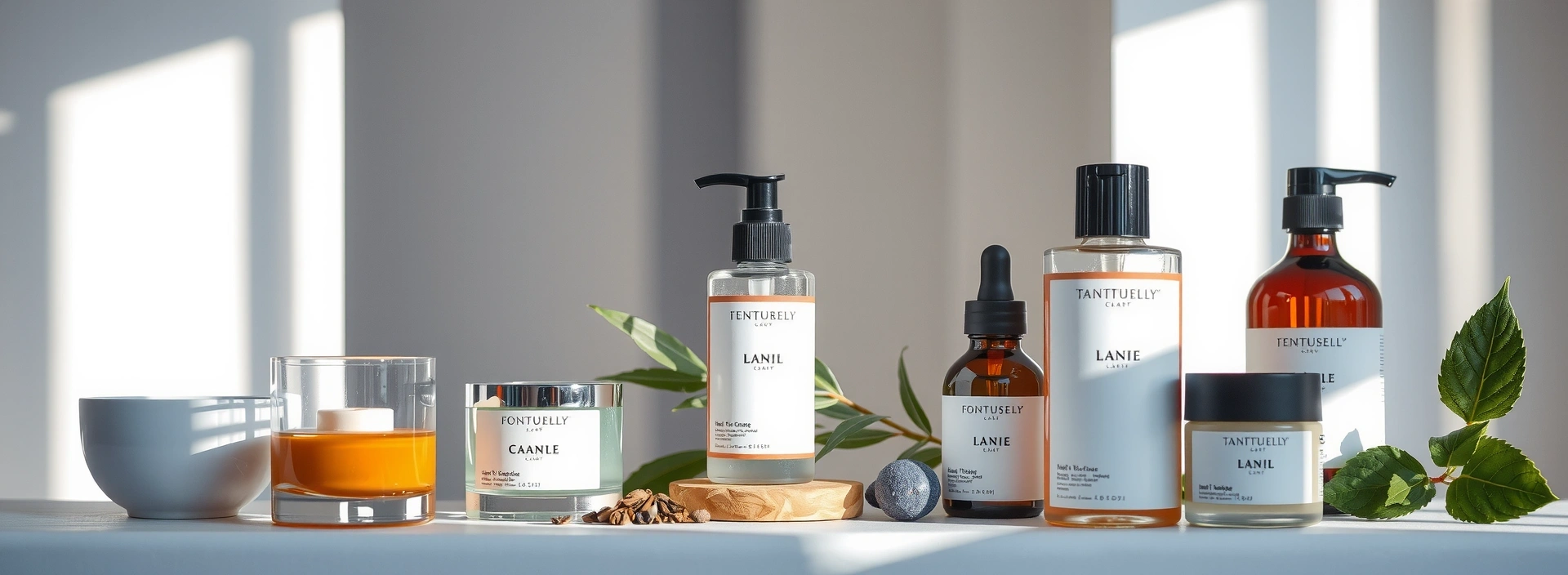 Elegant skincare products in a minimalist setting, soft lighting, natural ingredients
